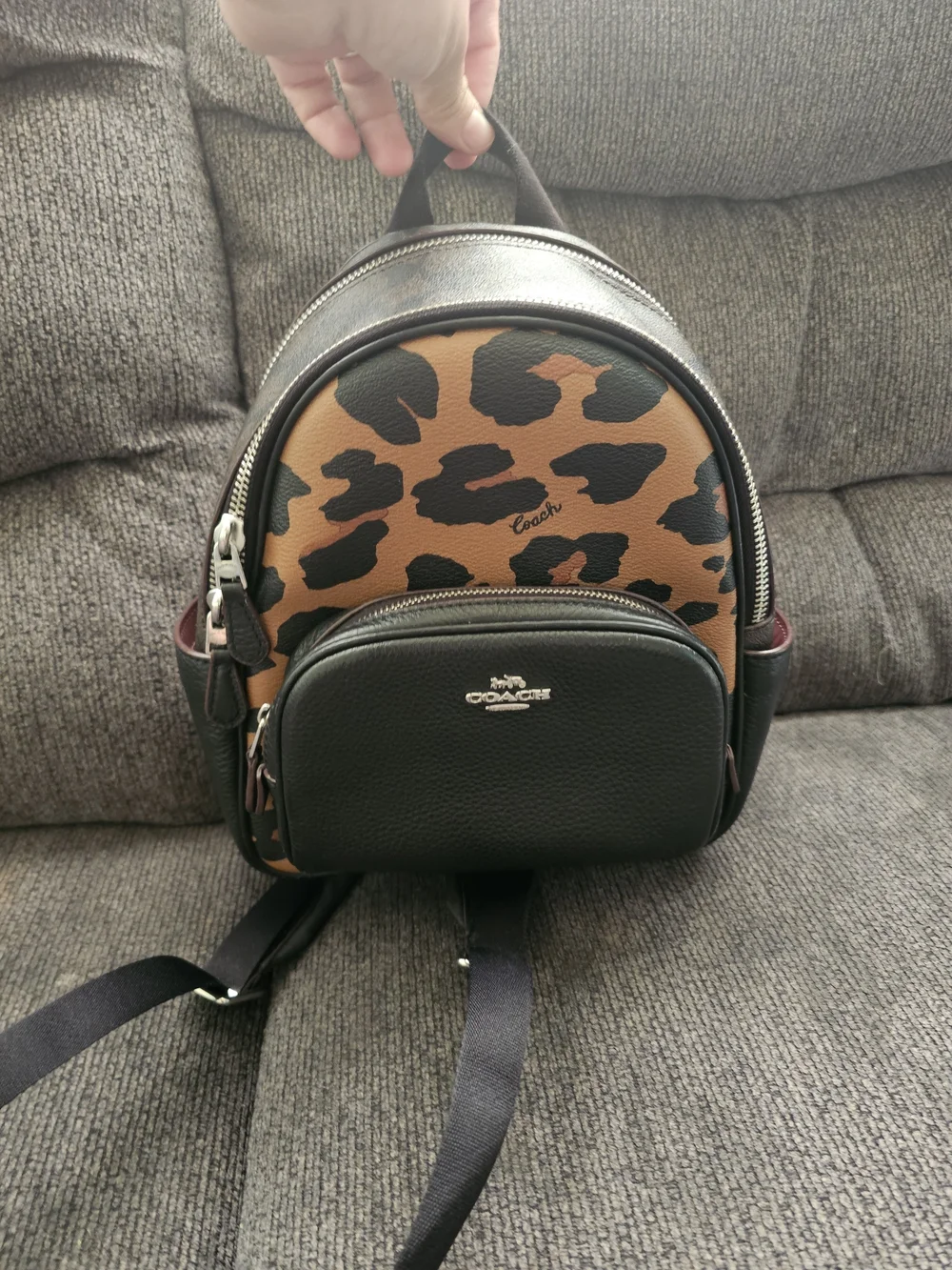 Coach Mini Backpack with Leopard Print and Black Trim